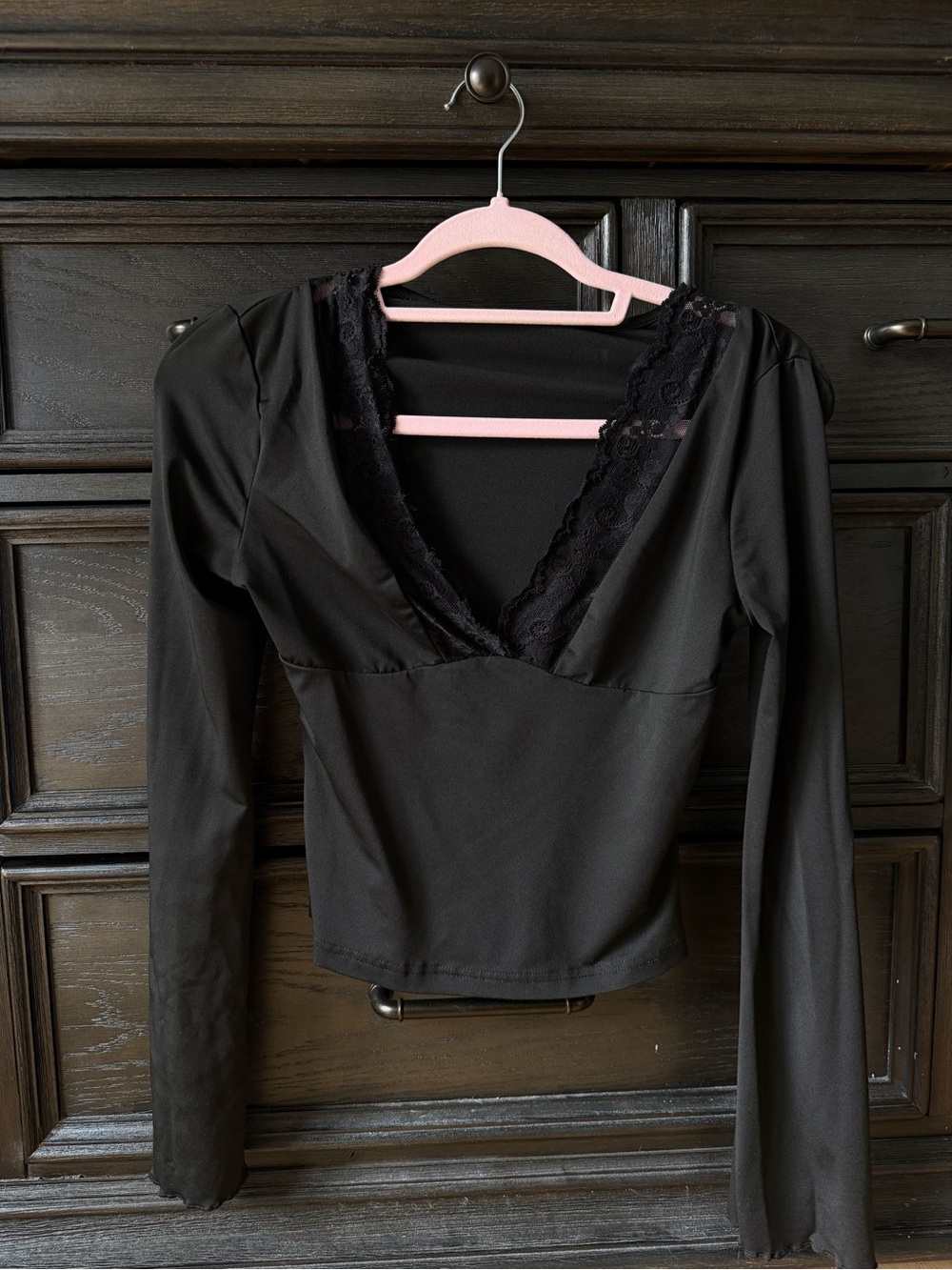 Black Lace Trim V-Neck Long Sleeve Top